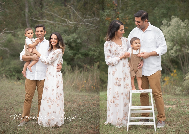 Parents holding baby son on a step stool in a field in Montgomery, Texas