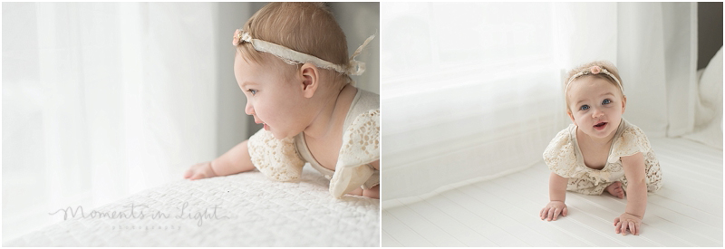 A baby girl crawls to her baby photographer in The Woodlands, TX. 