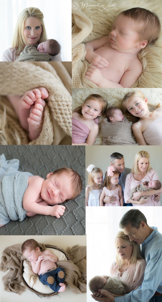 A newborn is snuggled by his family in a newborn family photography session with Moments In Light Photography. 