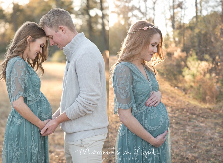 Pregnant woman in a field with husband by Montgomery, Texas maternity photographer