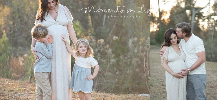 Pregnant mother with son and daughter touching her belly by maternity photographer in Montgomery, Texas