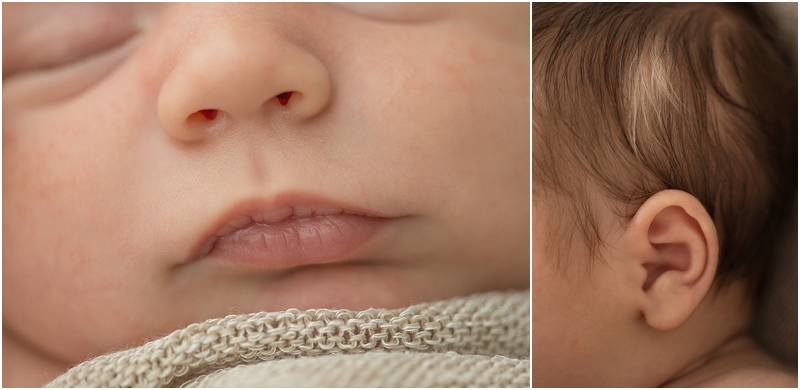 A baby's lips and ears are photographed during a newborn lifestyle photography session. 