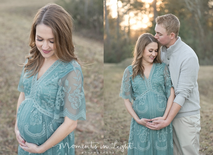 Husband kissing pregnant wife in a field in Montgomery, Texas by Houston maternity photographer