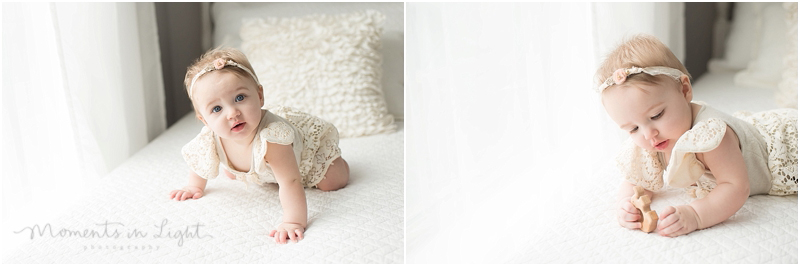 A baby photographer in The Woodlands, TX captures a baby playing. 