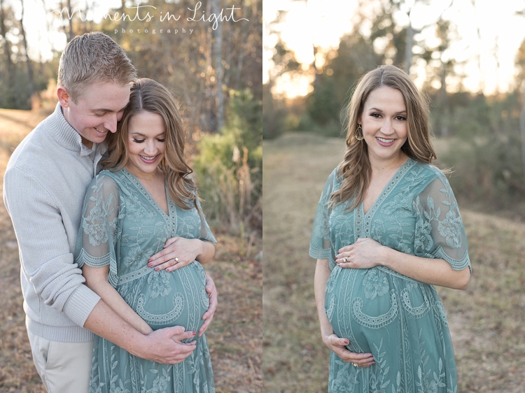 Expectant mother and father smiling in a field by maternity photographer in Montgomery, Texas