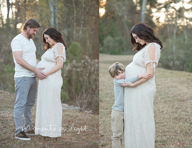 Pregnant woman in a field with son and husband holding belly by Houston maternity photographer