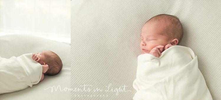 Sleeping baby swaddled in white cloth in a newborn photography studio in Montgomery, Texas