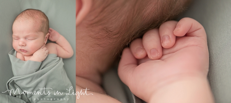 Baby boy swaddled in grey cloth by Houston newborn photographer