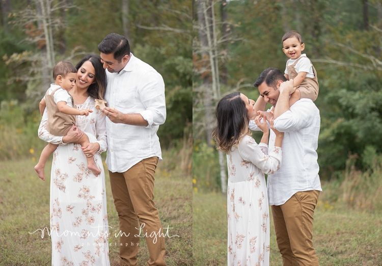 Mother and father with baby son in a field by family photographer in Montgomery, Texas