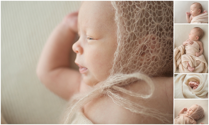 A tiny baby sleeps while wearing a knitted cap during her newborn baby girl photography session with Moments In Light Photography