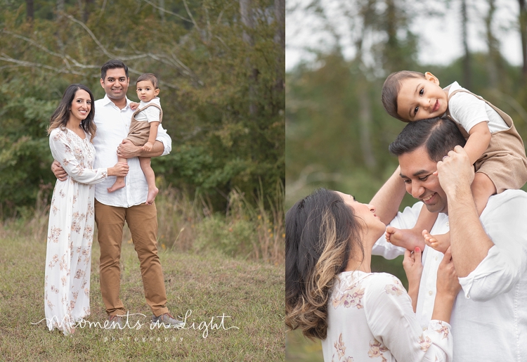 Baby boy on father's shoulders in a field by family photographer in Montgomery, Texas