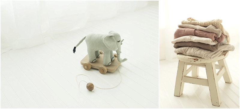 A toy elephant sits on the floor of a newborn photography studio. 