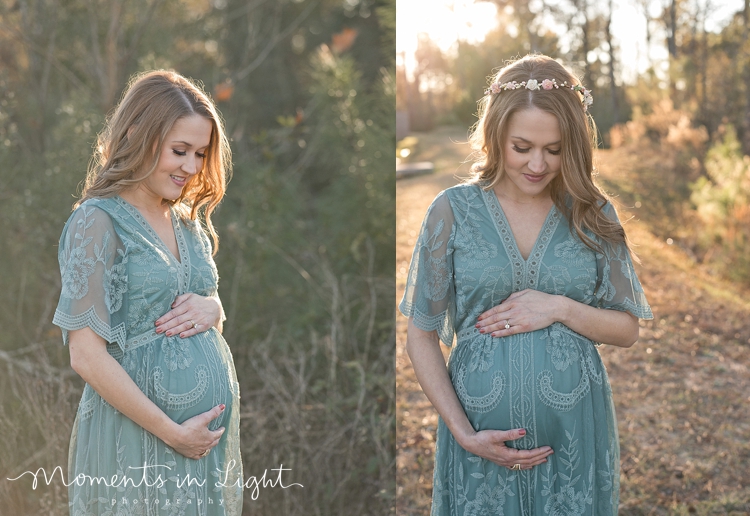 Woman in field holding pregnant belly wearing floral headpiece by Houston maternity photographer