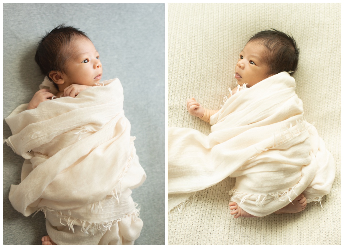 Newborn looking up from a baby bed by a Montgomery, Texas newborn photographer