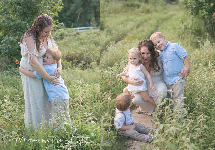 mom in lace dress with young children in field in Montgomery, Texas