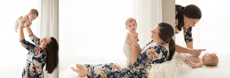 mom holding baby boy by window light in Montgomery, Texas photo studio