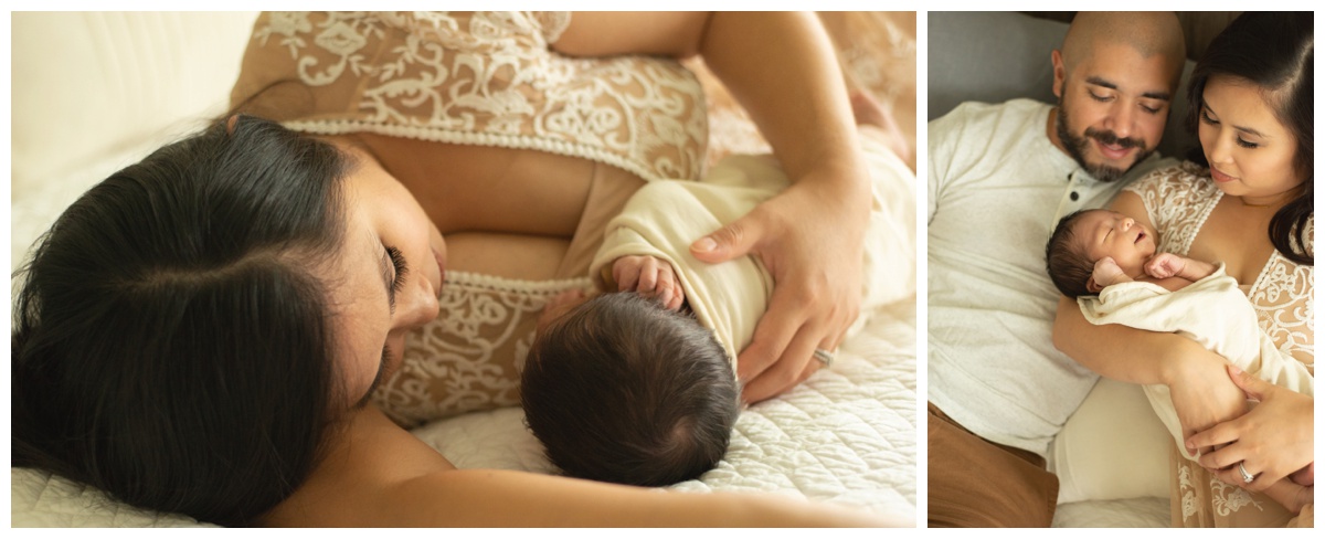 Mother in lace dress lying down with baby by Houston newborn photographer