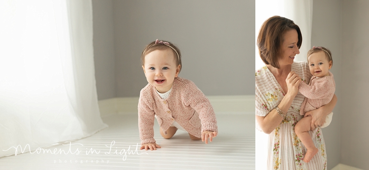 Mother and crawling daughter in a Houston baby photography studio