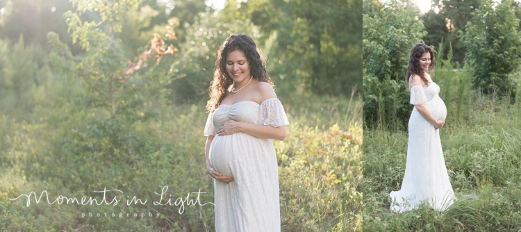 maternity photo in white lace dress with sunlight in field in Houston, Texas