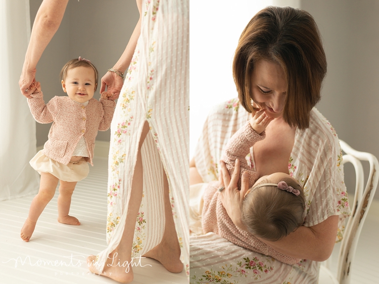 Mother holding baby girl in a photography studio by baby photographer in The Woodlands