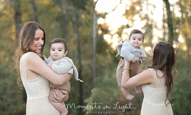 Mother in a cream lace dress holding baby son in a field in Montgomery, Texas