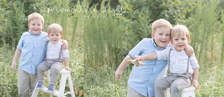 toddler boys sitting on white ladder in a field in Montgomery, Texas