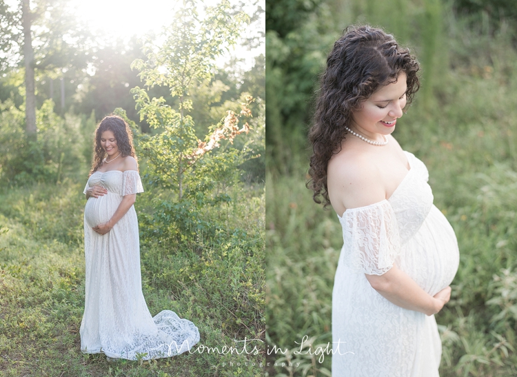 maternity photos in white lace dress in field in Montgomery, Texas