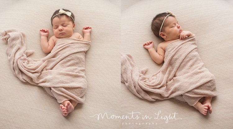 Baby wrapped in a blanket sleeping on a bed by Houston newborn photographer