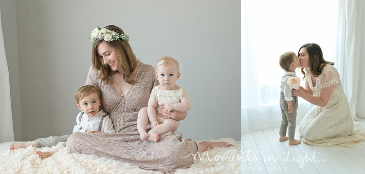 Mom with babies wearing floral crown in The Woodlands, Texas